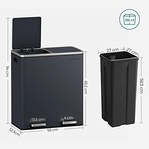 Kanta za smeće s 2 pretinca, 2x 30L, s 15 vrećica za smeće, antracit siva