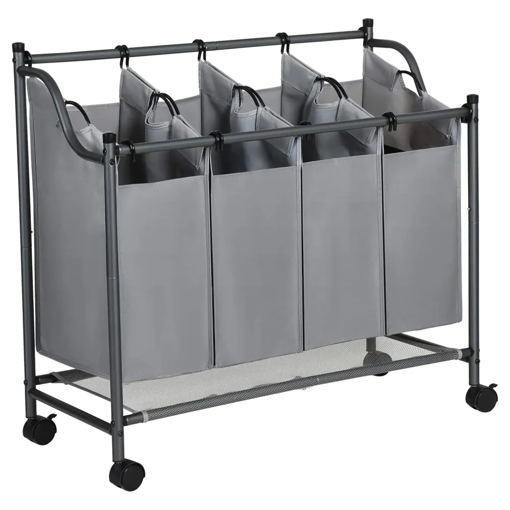 Košara za rublje s kotačima, 4 vreće koje se mogu izvaditi, 4 x 35L, siva