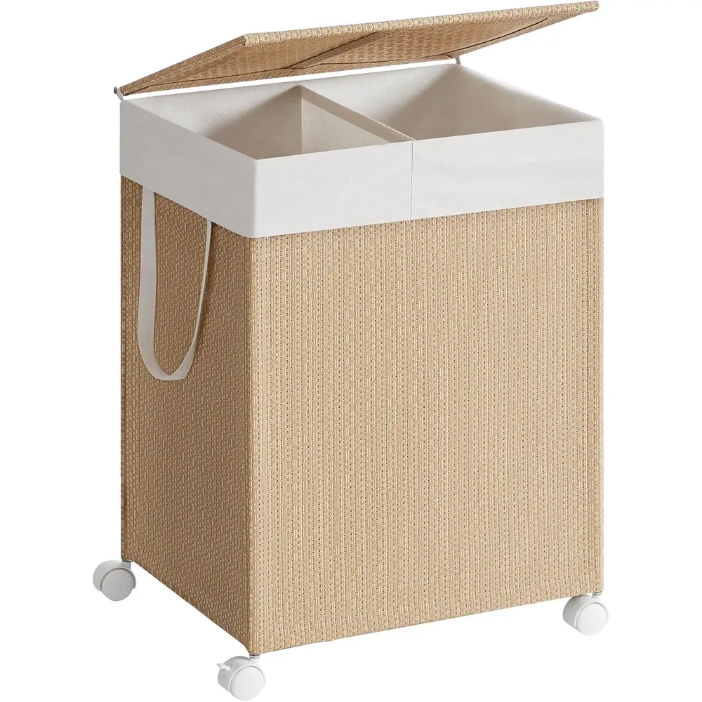 Košara za rublje s 2 pregrade, 46.5 x 37.5 x 65 cm, bež i bijele boje | SONGMICS