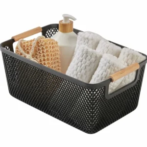 N&T Malla PP Basket Wooden Handle Black Medium