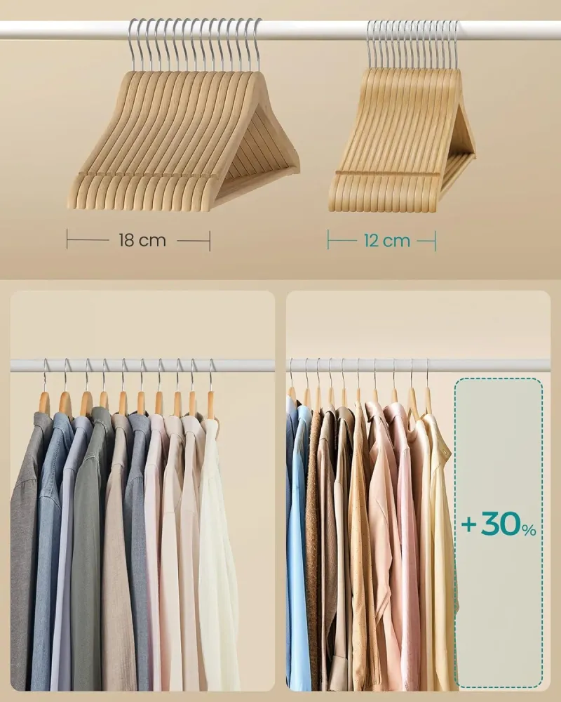 Set od 30 drvenih vješalica od breze, prirodne boje drveta | SONGMICS