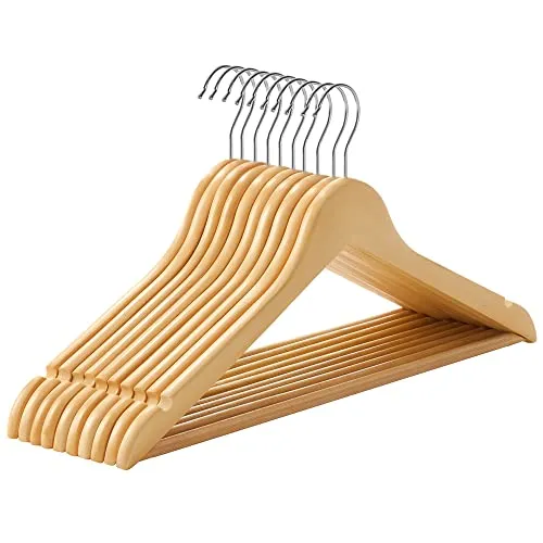 Set od 10 drvenih vješalica s izrezima za ramena, traka za hlače, prirodne boje