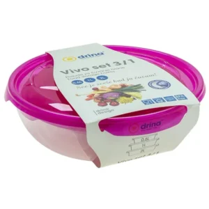 Plastic 3/1 food storage containers set lids 0,6L+1L+2L Pink