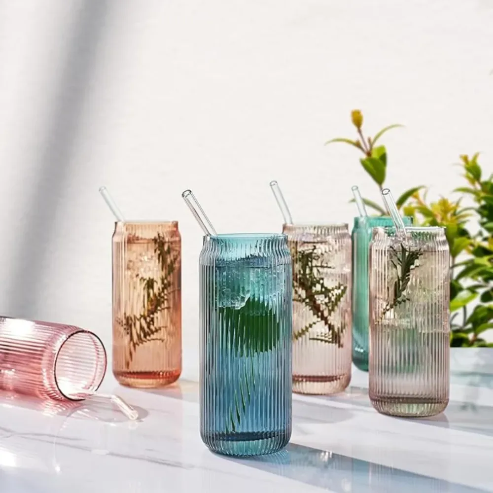 Set 6 Colorful Highball Glasses & Glass Straws
