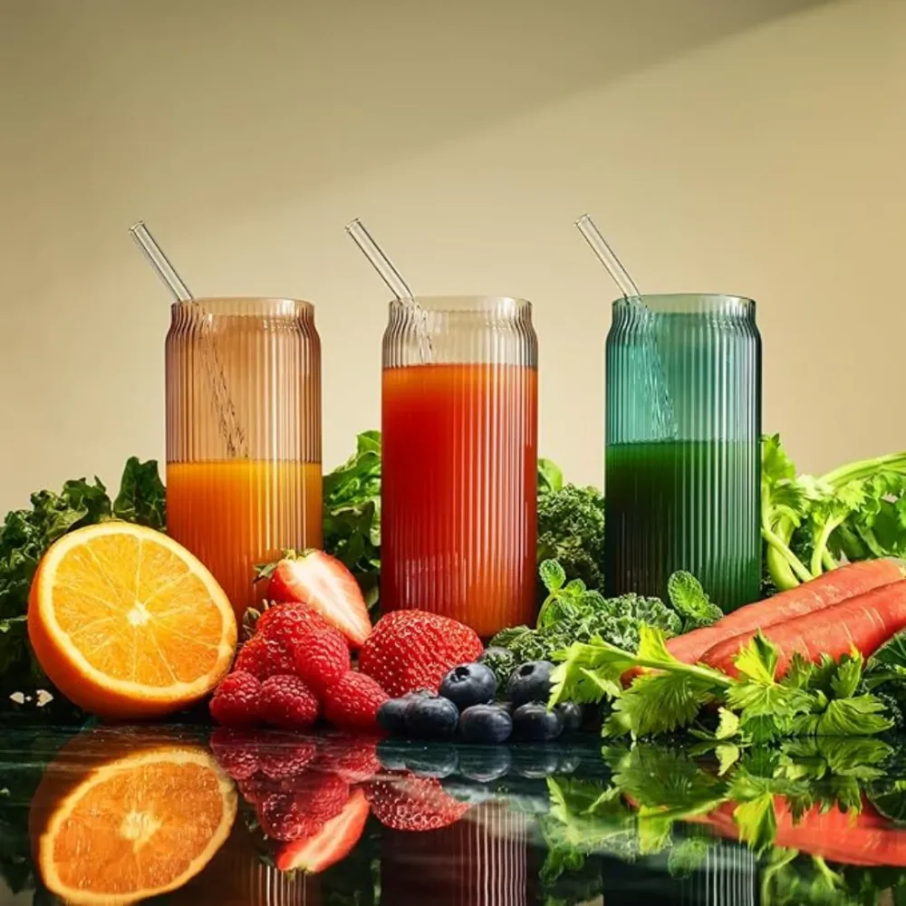 Set 6 Colorful Highball Glasses & Glass Straws