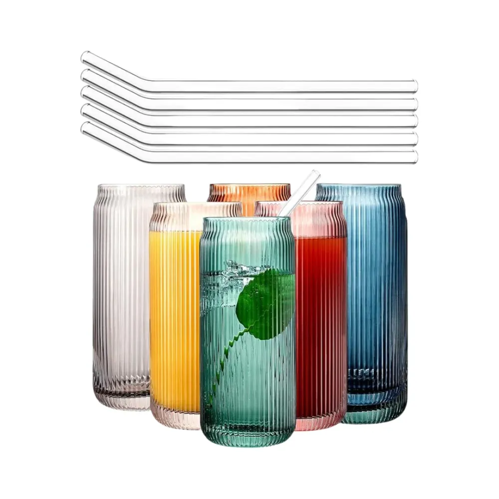 Set 6 Colorful Highball Glasses & Glass Straws