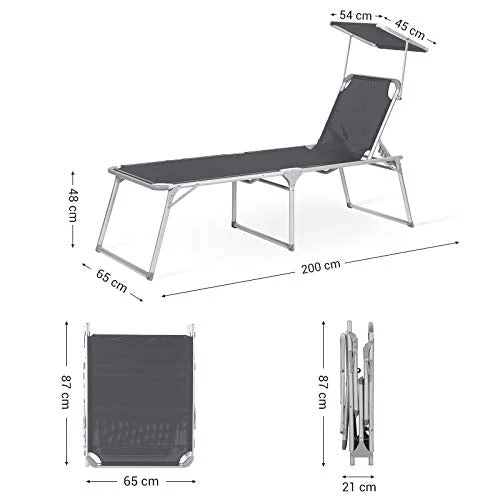 Sklopiva ležaljka s zaštitom od sunca, 65 x 200 x 48 cm, nosivost 150 kg, siva