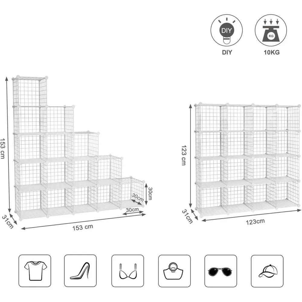 Modularni organizator za pohranu s 16 kocki, 123 x 31 x 123 cm, bijeli