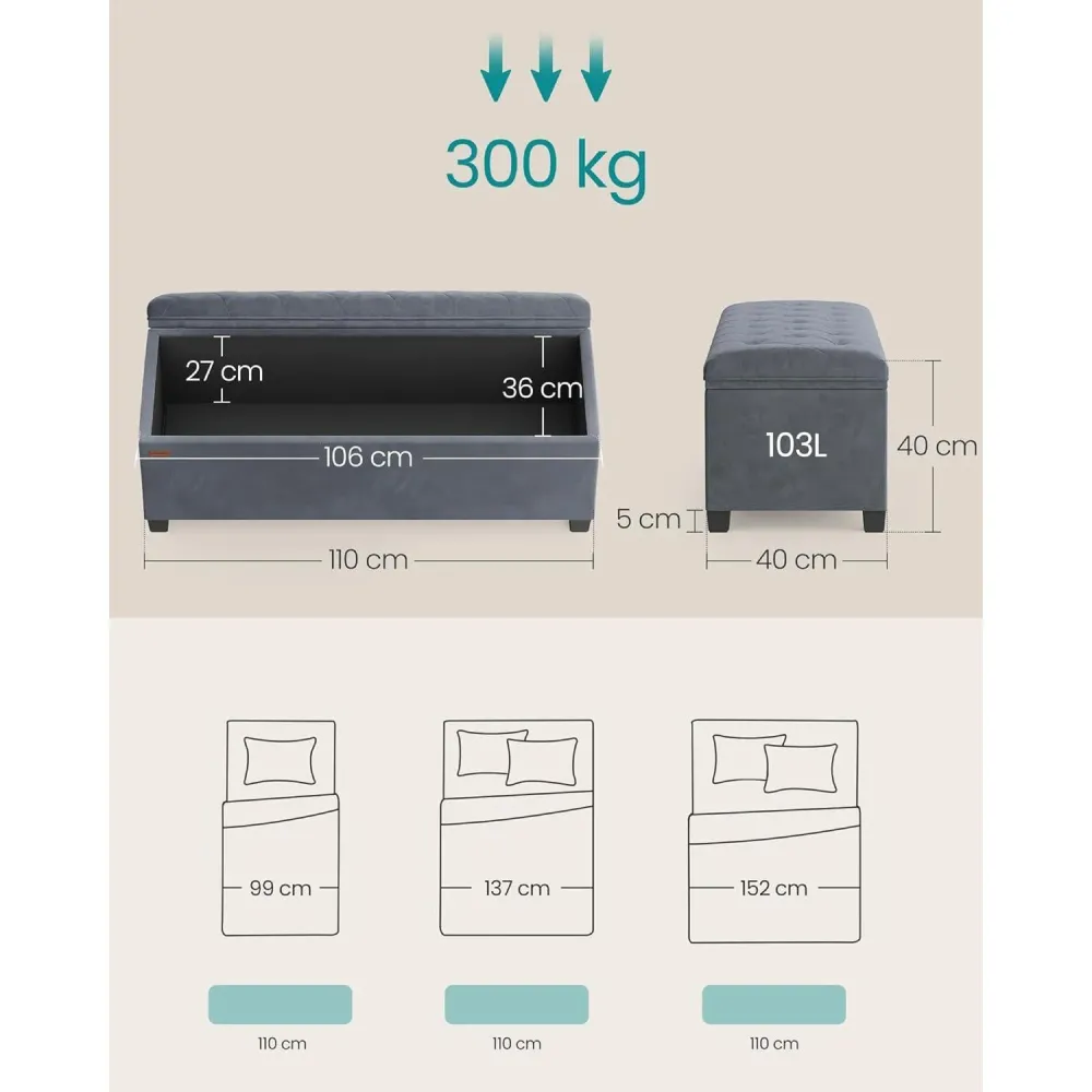 Klupa s prostorom za pohranu, 40 x 110 x 40 cm, nosivost do 300kg, siva