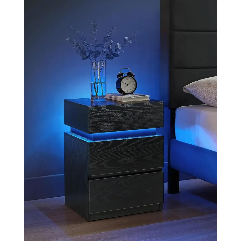 Noćni ormarić s LED rasvjetom i 3 ladice, 35 x 40 x 55 cm, crni