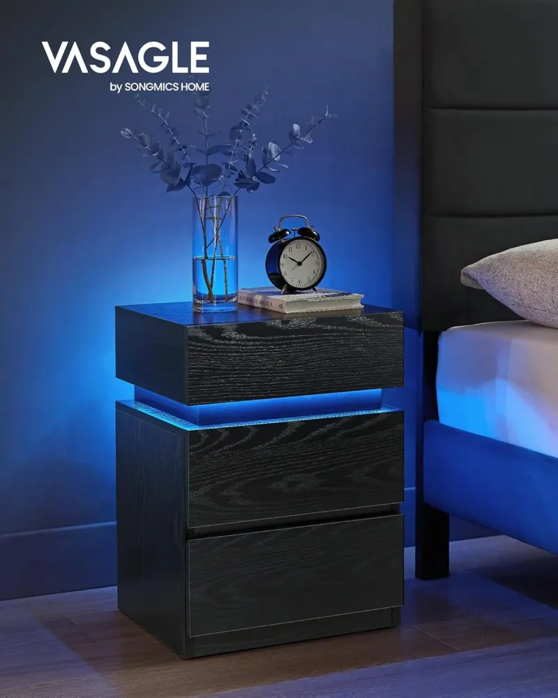 Noćni ormarić s LED rasvjetom i 3 ladice, 35 x 40 x 55 cm, crni