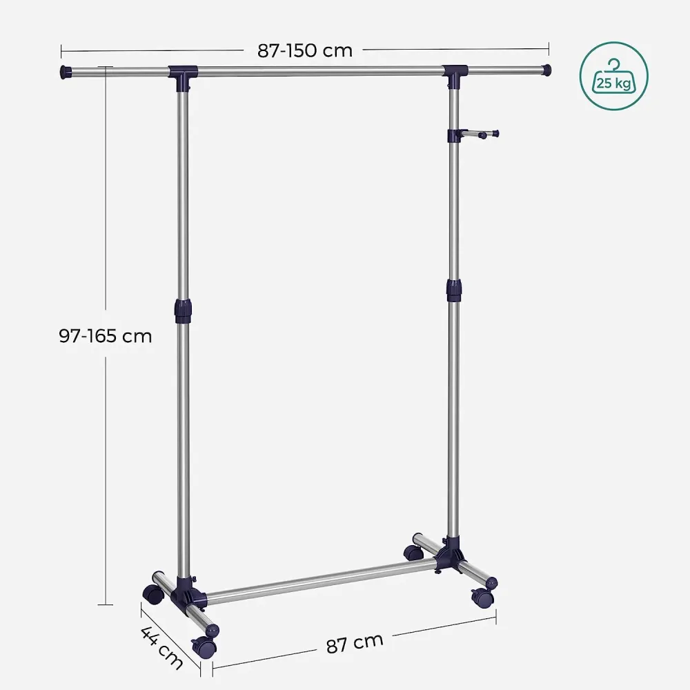 Produživ stalak za odjeću s kotačima 97-165 cm, 150 x 44 x 165 cm, srebrni