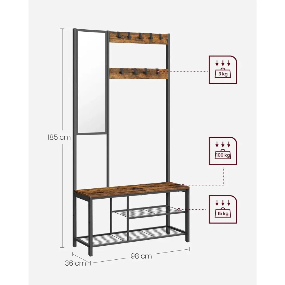 Stalak za odjeću s kukama i zrcalom, 36 x 98 x 185 cm, vintage smeđe-crni