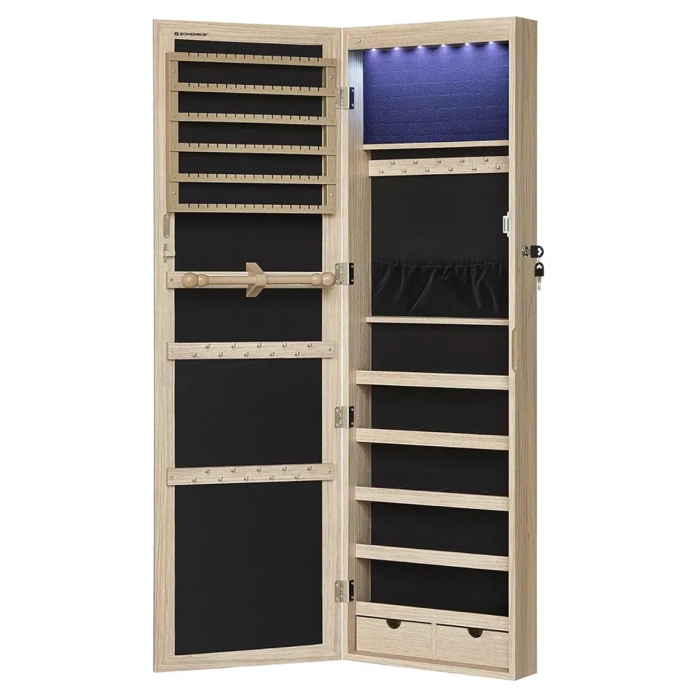 Zidni ormarić za nakit s ogledalom sa 6 LED žarulja, 10 x 37 x 120 cm, hrast