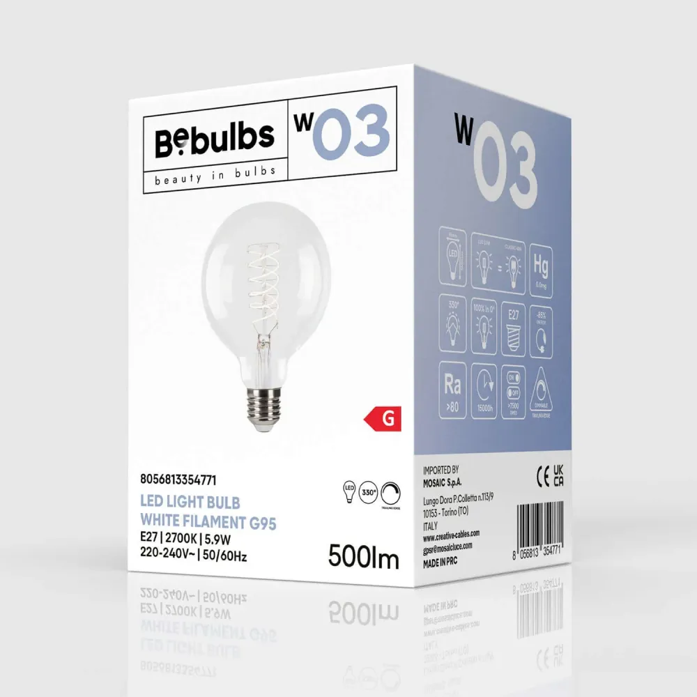 Žarulja LED Filament Bijela Kugla G95 5,9W 500Lm E27 2700K Prigušiva - W03