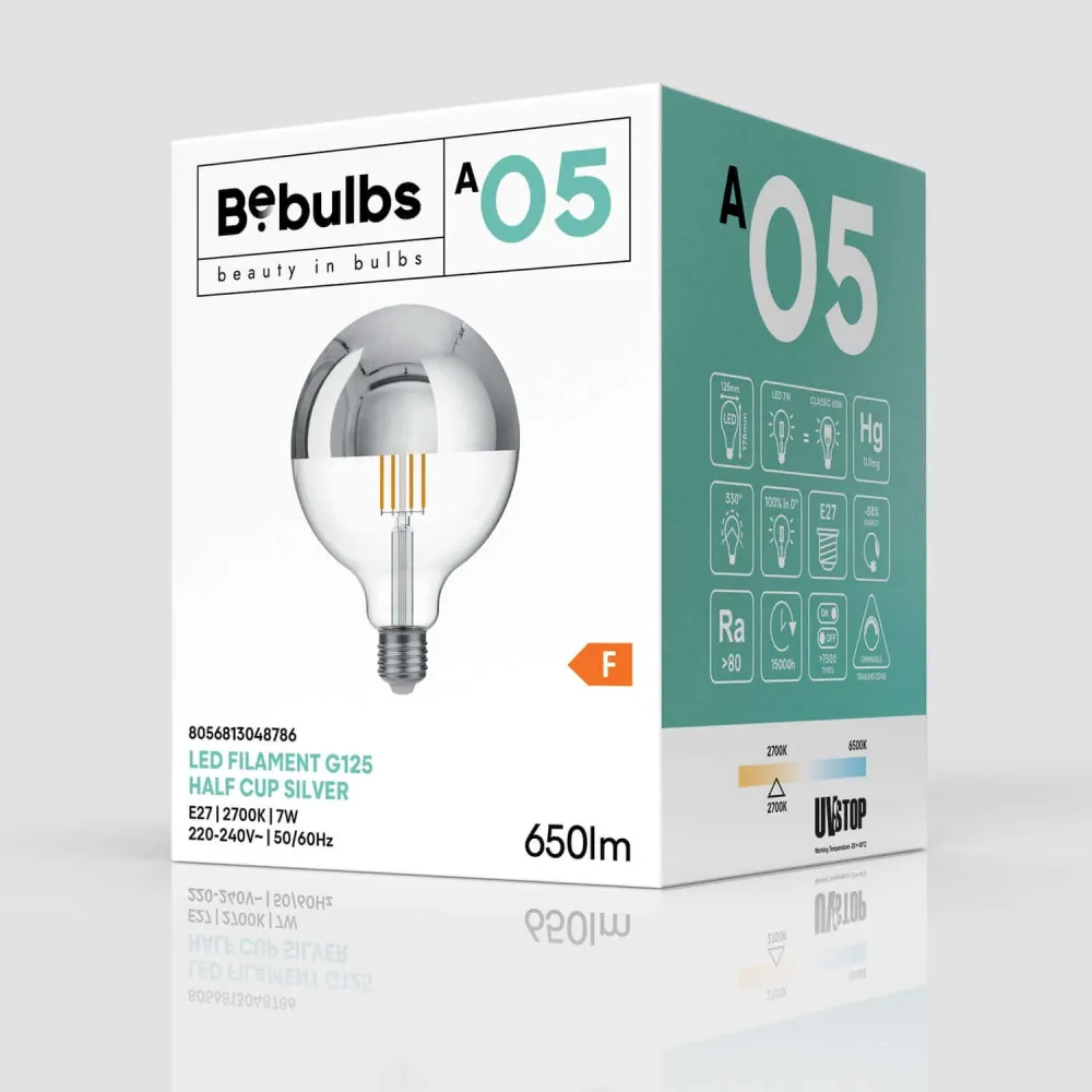 Žarulja LED Polusfera Srebrna Globe G125 7W 650Lm E27 2700K Prigušiva - A05