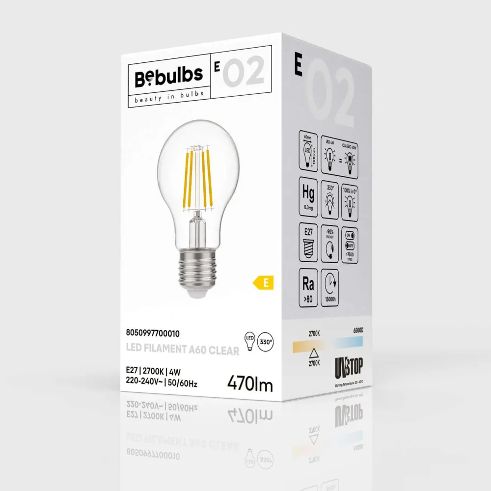 Žarulja LED Prozirna Kap A60 4W 470Lm E27 2700K - E02