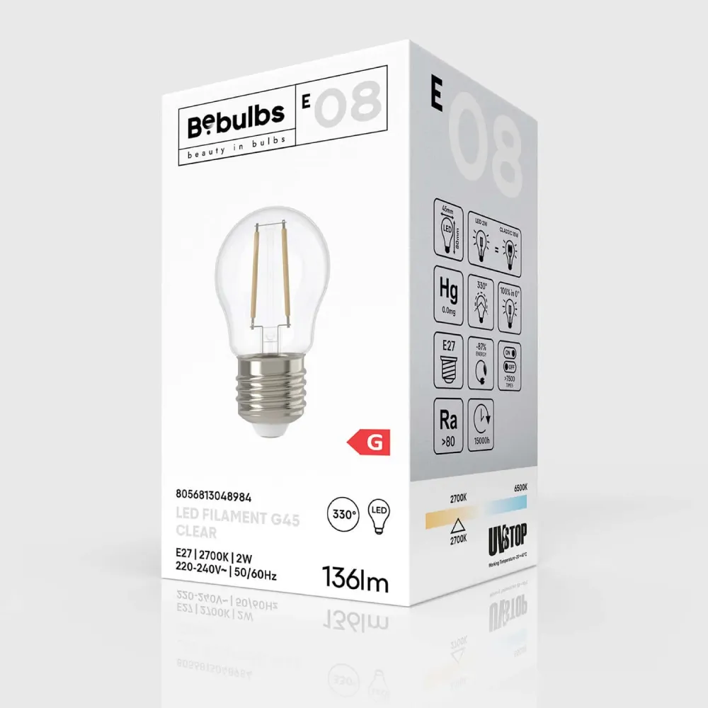 LED žarulja Prozirna Globetta G45 2W 136Lm E27 2700K - E08