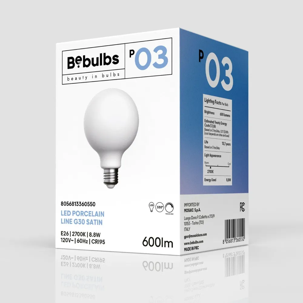 LED Porcelain Effect Light Bulb CRI 95 G30 8.8W 600Lm E26 120V 2700K Dimmable - P03