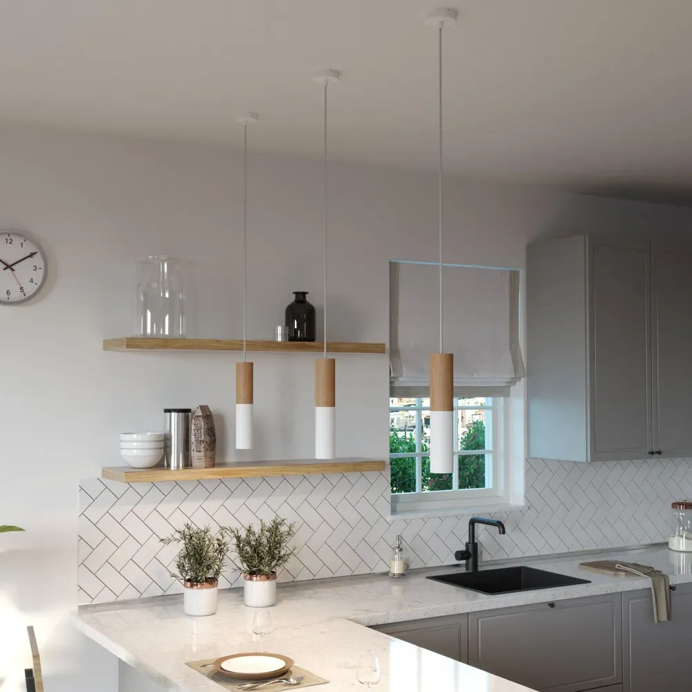 Tub-E14, drvena i metalna cijev za reflektor s grlom za žarulju s dvostrukim prstenom E14 - Neutralna i mat bijela