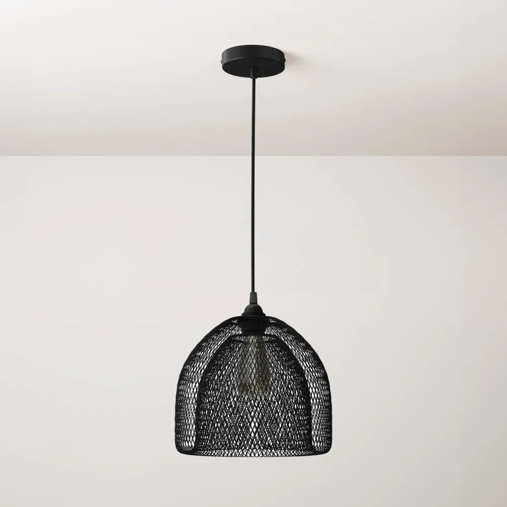 Viseć lampa s tekstilnim kabelom, sjenilom-kavezom Ghostbell XL i metalnim detaljima – crna