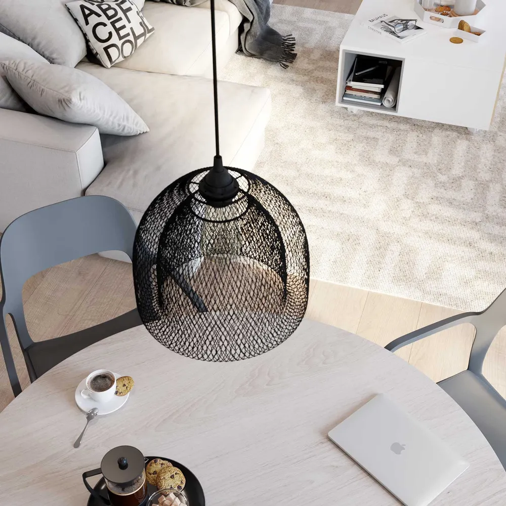 Viseć lampa s tekstilnim kabelom, sjenilom-kavezom Ghostbell XL i metalnim detaljima – crna