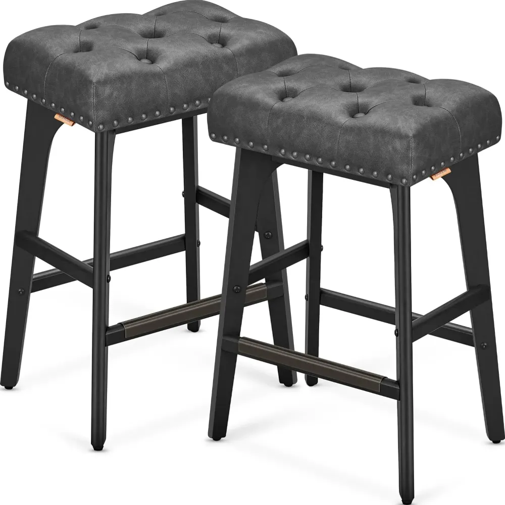 Set od 2 barske stolice visine 66 cm, umjetna kož, puno drvo, crne