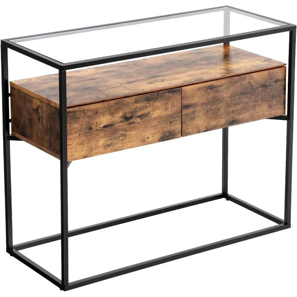 konzolni stol, stol od kaljenog stakla s 2 ladice, 100 x 40 x 80 cm rustikalno smeđ