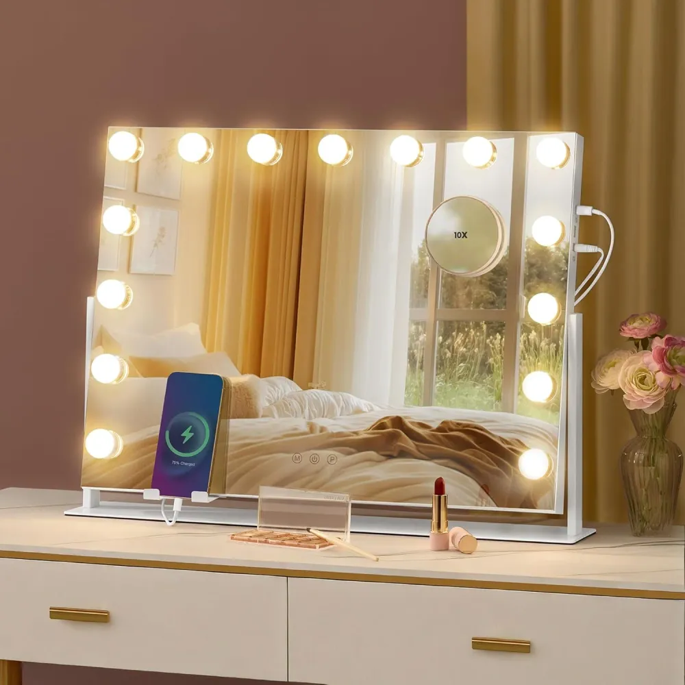 SONGMICS ogledalo za šminkanje s rasvjetom, 58 x 43 cm, 15 LED žarulja, mat bijelo