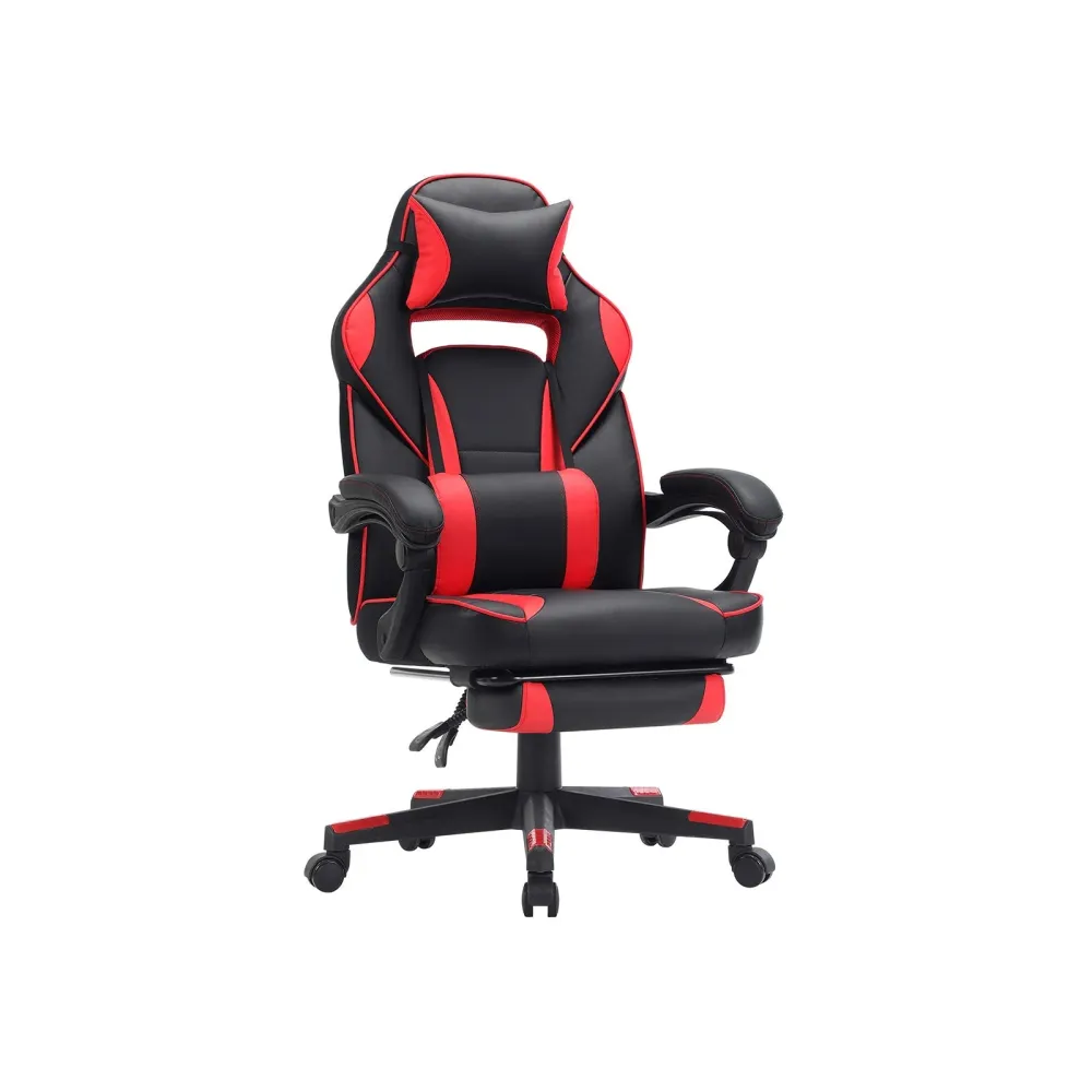 Ergonomska stolica s osloncem za noge i lumbalnim jastukom, crno crvena
