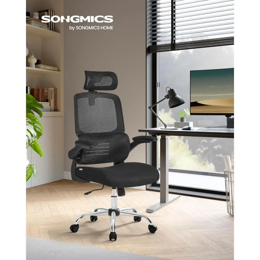 Ergonomska uredska stolica s lumbalnom podrškom i naslonom za glavu, crna