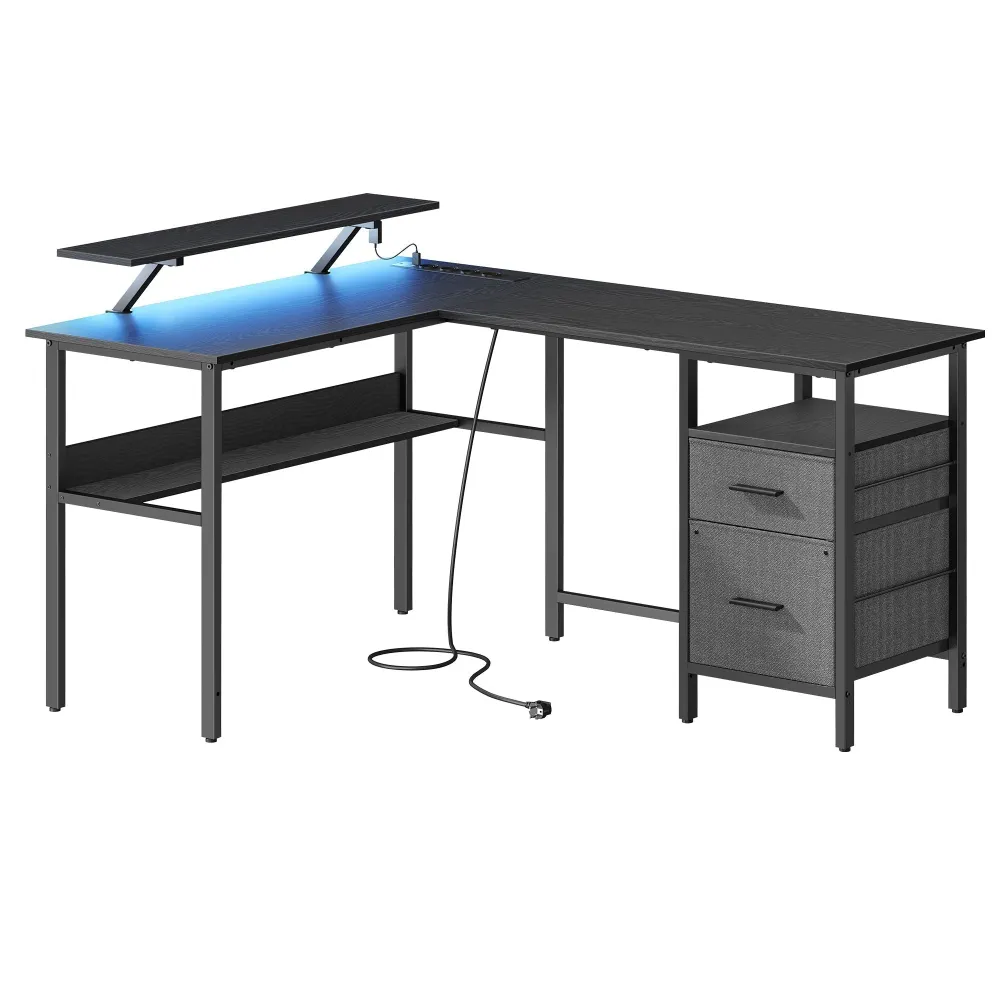 Uredski stol u obliku slova L s utičnicama, LED rasvjetom, 150x120x76 cm, crni